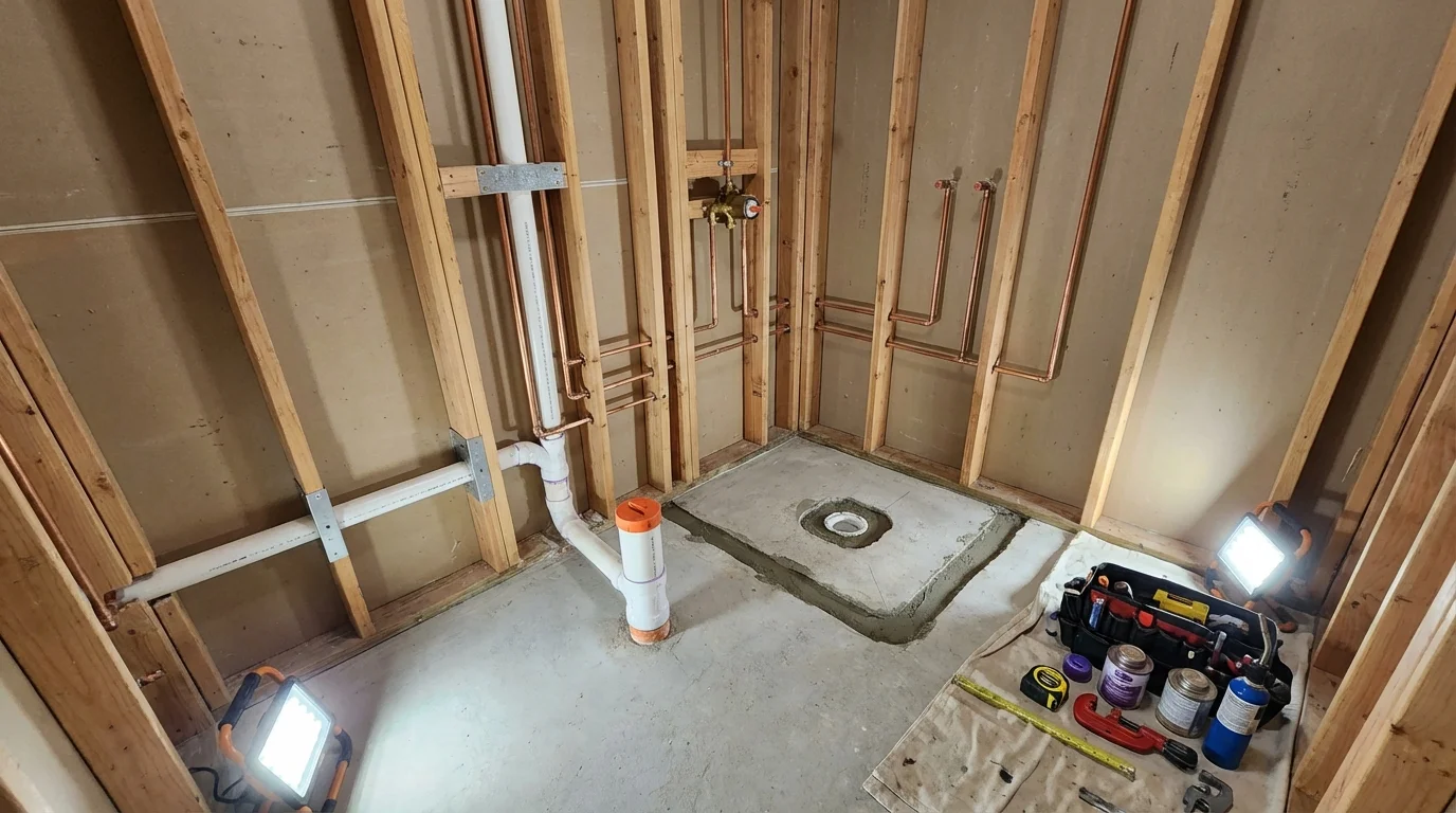 Bathroom rough-in plumbing during remodel by Johns Plumbing LLC in North Lewisburg