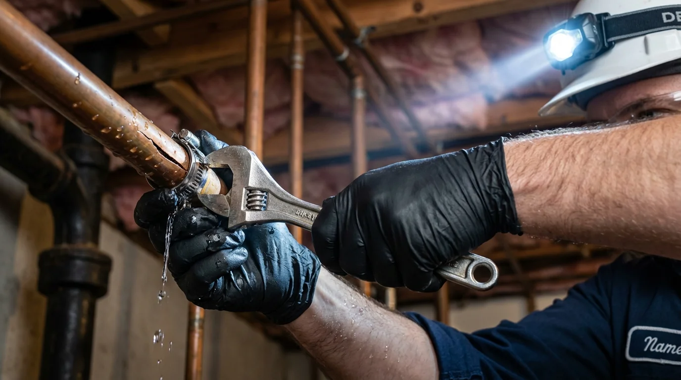 Emergency pipe clamp repair being performed by a Johns Plumbing LLC plumber in North Lewisburg