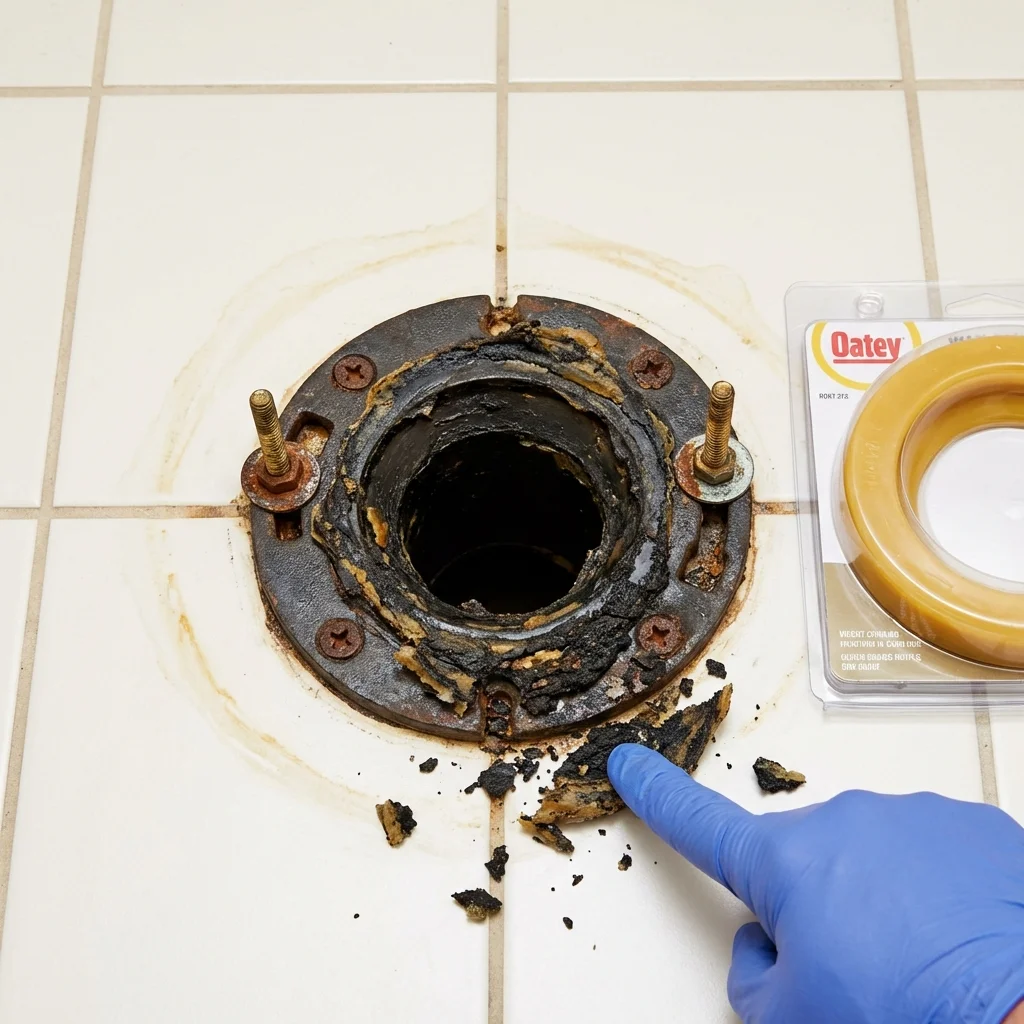 Failed wax ring showing water seepage at the base of a toilet in a North Lewisburg, OH home