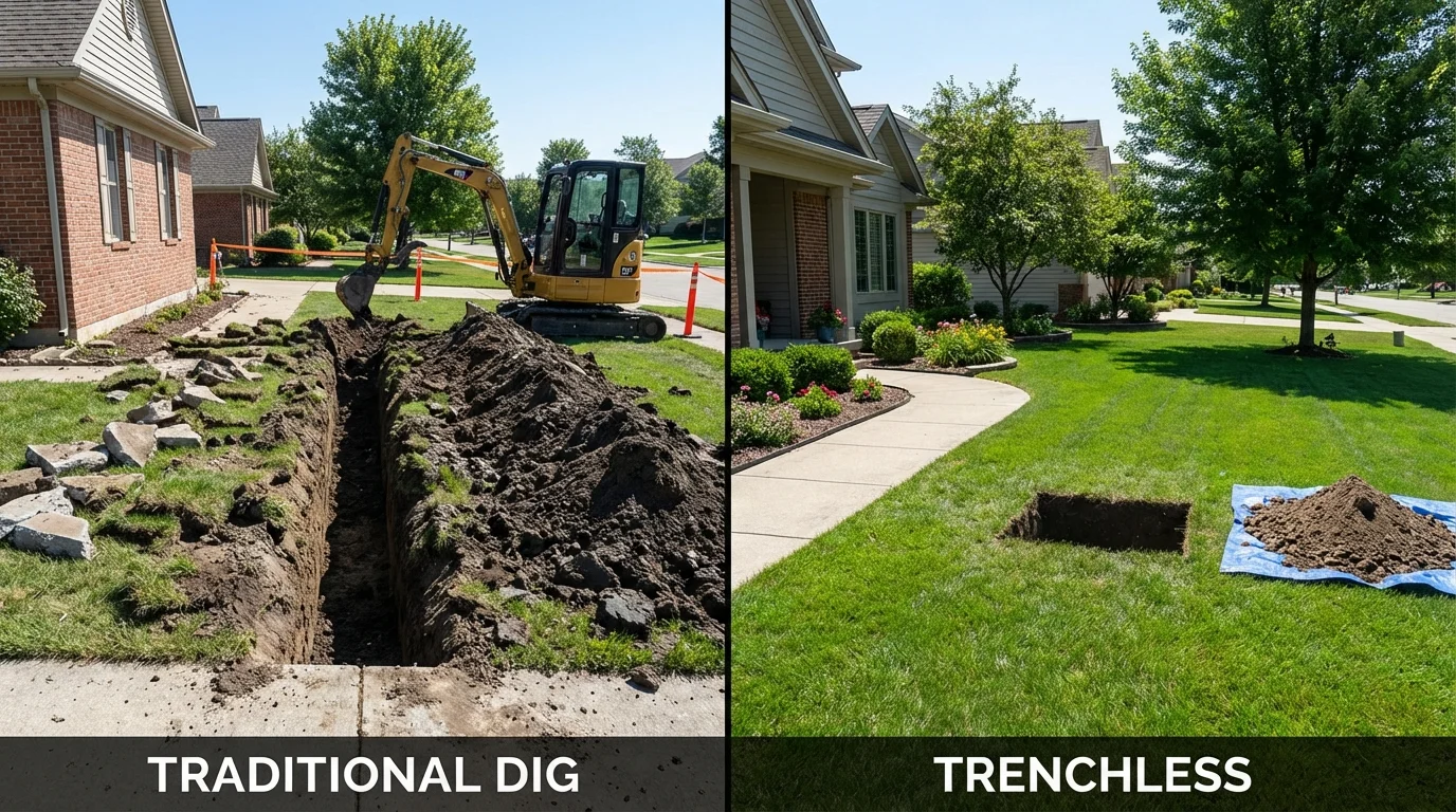 Trenchless sewer repair with minimal yard damage versus traditional excavation in North Lewisburg, OH