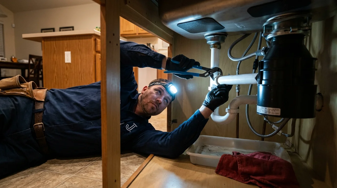 P-trap and supply line connections under a kitchen sink showing a common leak point in North Lewisburg, OH